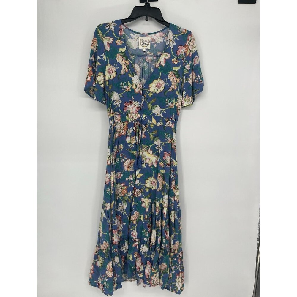 Sunday Mi Amor Dress Womens Small Blue Floral Maxi Cottage Tiered Garden Party
